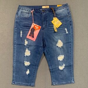 Hybrid & Company Capri Jeans Women 18 Distressed Bum Lifter Medium Wash Blue NEW